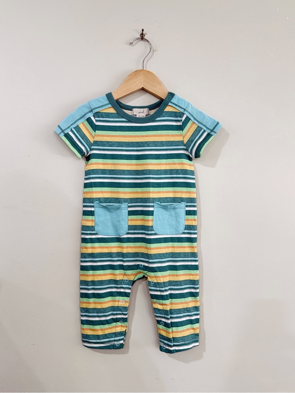 NWT Peek Baby Boys 6-12M Multicolor Stripe Romper Pockets Retro Cute